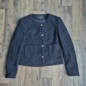 Massimo Dutti Textured Crop Jacket Cardigan Black Gold Buttons Wool Blend XS